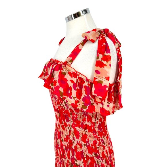 TCEC Red Pink Floral Smocked Mini Dress Ruffle Hem Tie Straps Size Large - Picture 5 of 12